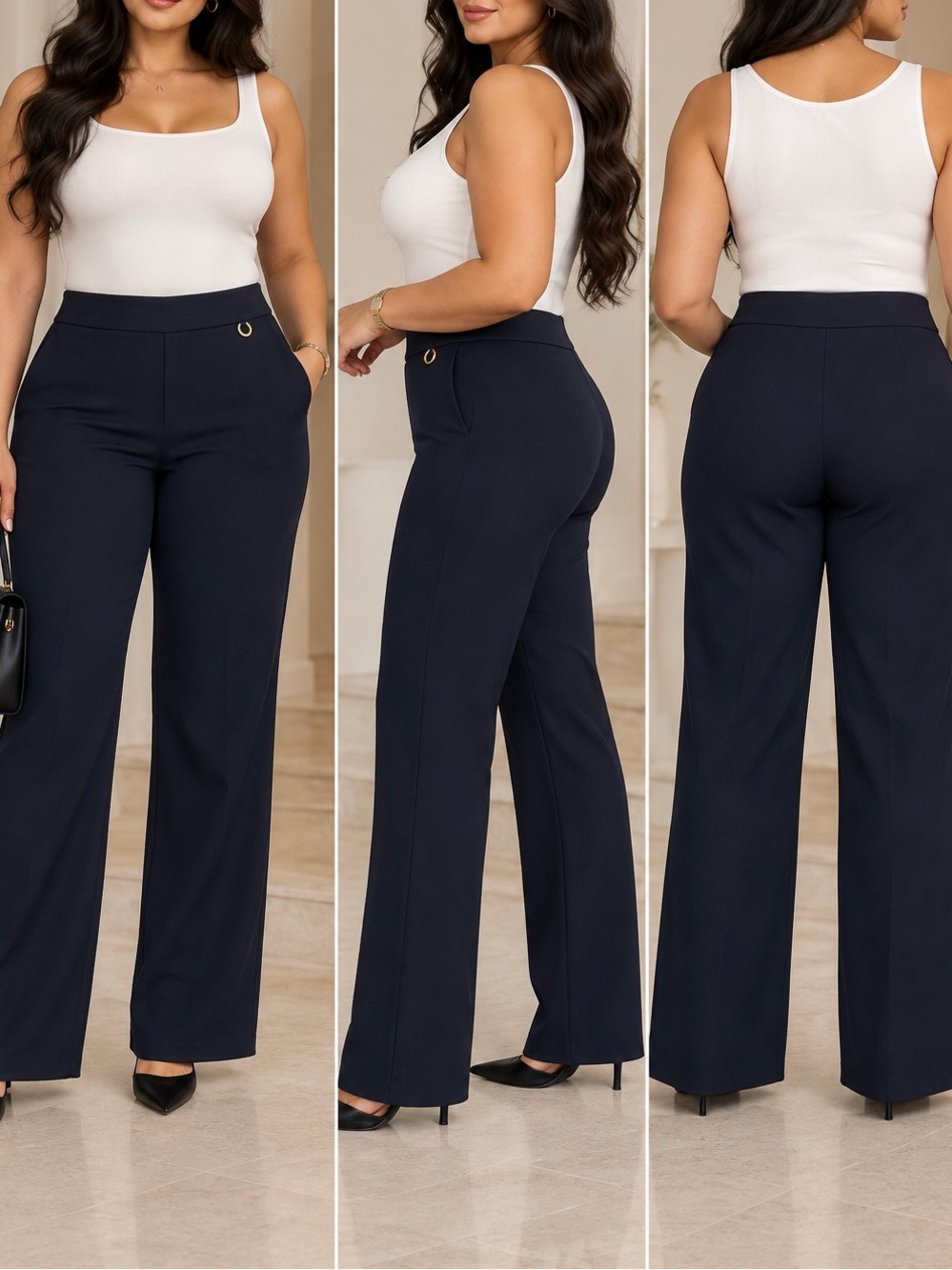 Rafaella Navy High-Rise Wide-Leg Pants with Ring Accent